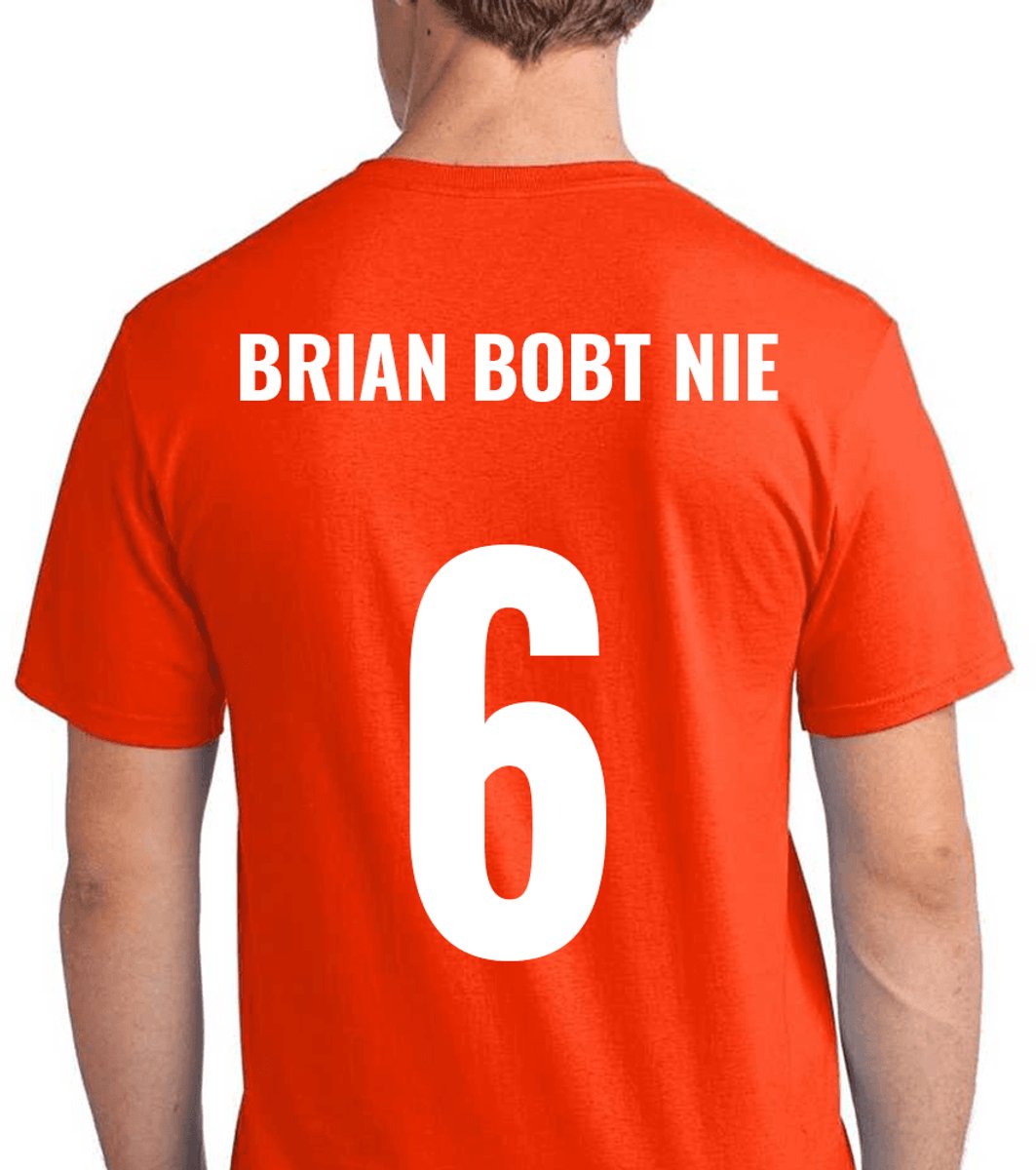 Oranje voetbal EK/WK-shirt met rugtekst Brian Bobt nie + NL Leeuw op borst (wit) | Maat L | Oranje Koningsdag shirt - Oranje EK/WK-shirt Dames en Heren- Grappig Oranje shirt | Incl. 2 jaar garantie